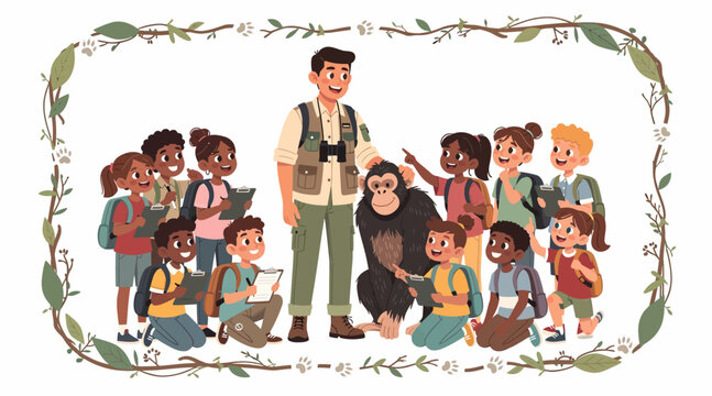 group of children learning from a teacher and a monkey