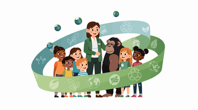 group of kids and teacher with monkey around eco ribbon