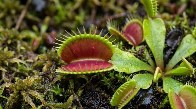 Macro shot of a Venus flytrap plant with green and red carnivorous leaves