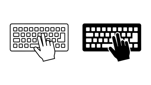 Typing on Keyboard Icons: A simple, clear graphic representation of a human hand typing on a computer keyboard, shown in both outline and silhouette styles for versatility.