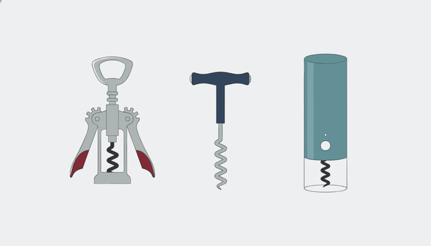 Three different styles of wine corkscrew openers including a wing corkscrew, a t-shaped model, and an electric device.