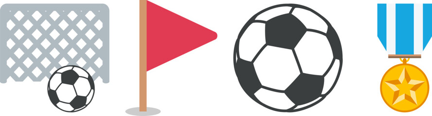 Soccer Football Vector Icons Set with Goal Net Corner Flag Ball and Golden Winner Medal. Team Sport Championship Tournament Graphic Assets. Flat Isolated Elements Perfect for Creative Projects. © Parul