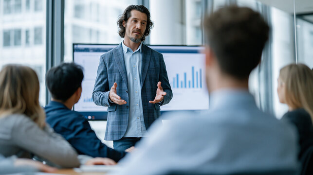 Man leader business coach public speaker standing and presenting financial report or project strategy data to corporate team at office meeting close up. Copy space template flyer presentation commerci