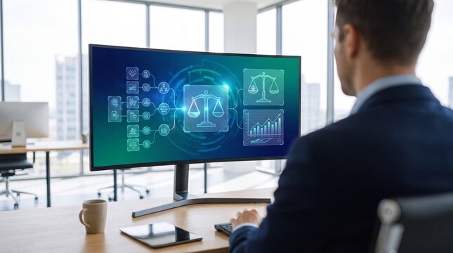 Legal technology concept, modern law firm office, digital justice system, AI-powered legal solutions, innovative legal tech, future of law, business and legal services