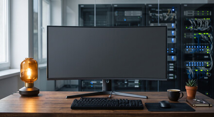 Fototapeta premium Modern computer setup with server room technology background