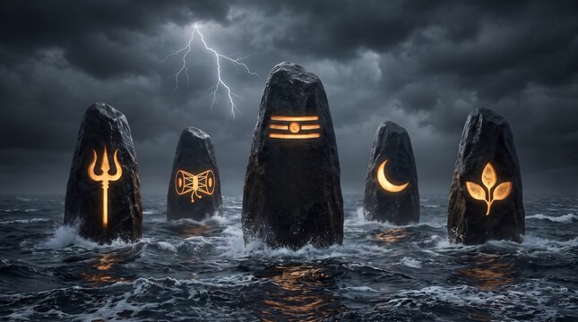 Sacred stone monoliths displaying illuminated Hindu spiritual symbols emerging from a stormy ocean in realistic digital art with lightning, dark clouds, and centered panoramic composition