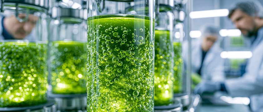 Green Microalgae Cultivation in Glass Bioreactors with Scientists in Blurred Background