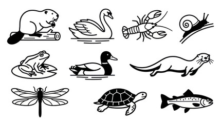 Black silhouette icons of pond wildlife animals. © diki