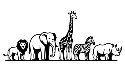 Black silhouettes of African safari animals walking in line © diki