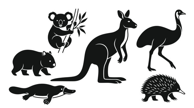 Black silhouettes of iconic Australian wildlife animal set