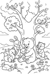 Cute sleeping bear cub resting on a cloud surrounded by happy stars and a smiling moon in a black and white line drawing © MSTSHILPI