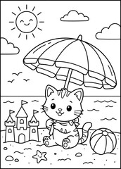 Charming black and white illustration of a meditating bear cub surrounded by clouds stars moon flowers and trees for coloring pages © MSTSHILPI