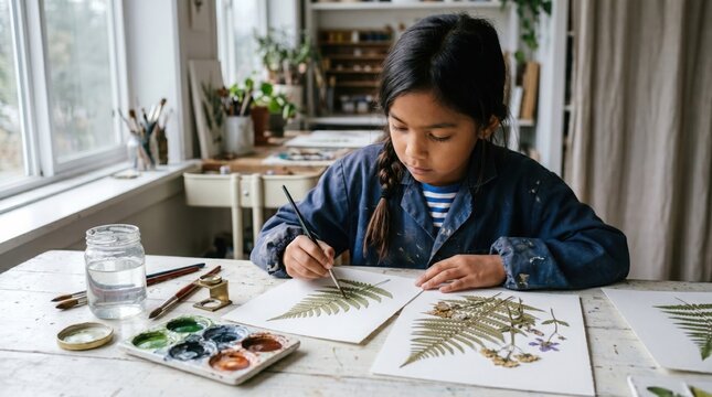 Child Painting Watercolors of Plant Specimens Laid Out on White Paper
