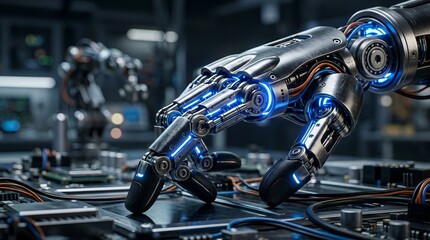 Fototapeta premium Futuristic Robot Hand Close-up with Blue Lights on Circuit Board - Technology Concept