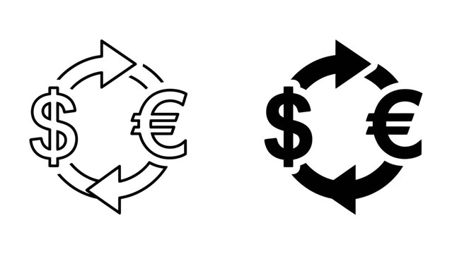 Currency Exchange Icons: Two circular arrows with currency symbols, a dollar sign and a euro sign, representing exchange and conversion between currencies.