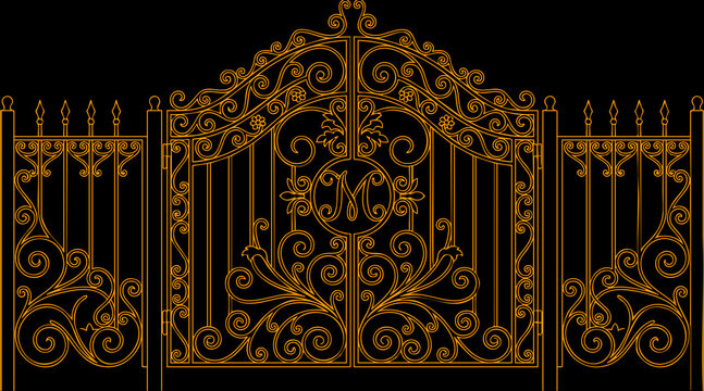 Elegant golden wrought iron gate vector illustration featuring intricate scrolling patterns and a central letter monogram