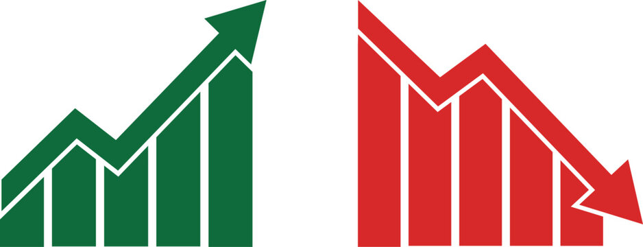 Graph of Growth and Decline: Two stylized bar charts display contrasting market trends, one showing a significant upward trajectory in green and the other a sharp downward spiral in red.