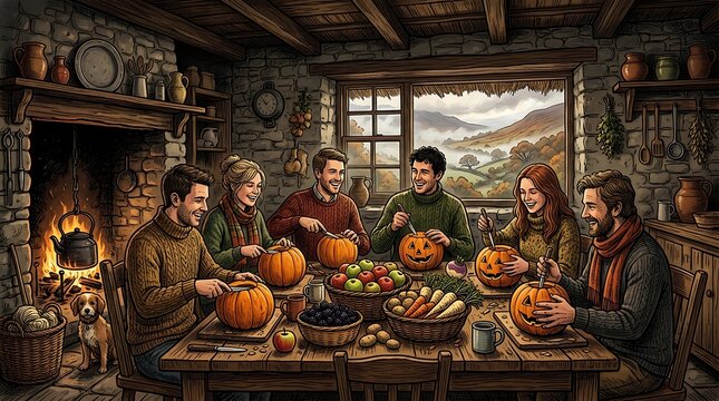 Friends carving halloween pumpkins in a cozy rustic kitchen