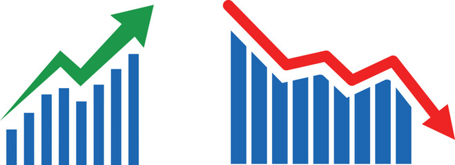 Graph of Growth and Decline: Two stylized bar charts display contrasting market trends, one showing a significant upward trajectory in green and the other a sharp downward spiral in red. © MR Vector Store