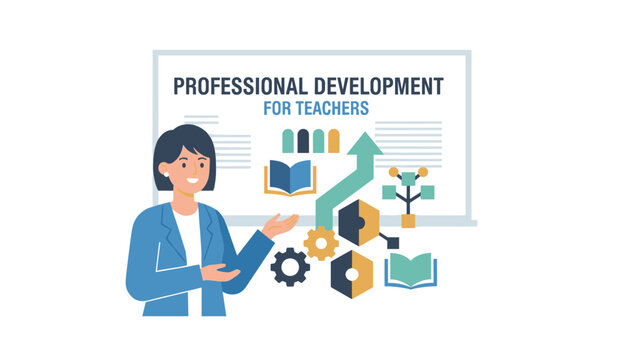 Educational presenter explaining the curriculum for a professional development program designed for school teachers.