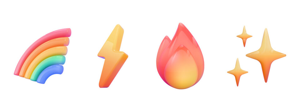 set 3d magical and energy icons with colorful rainbow, electric lightning, flame and shining sparkle stars illustration