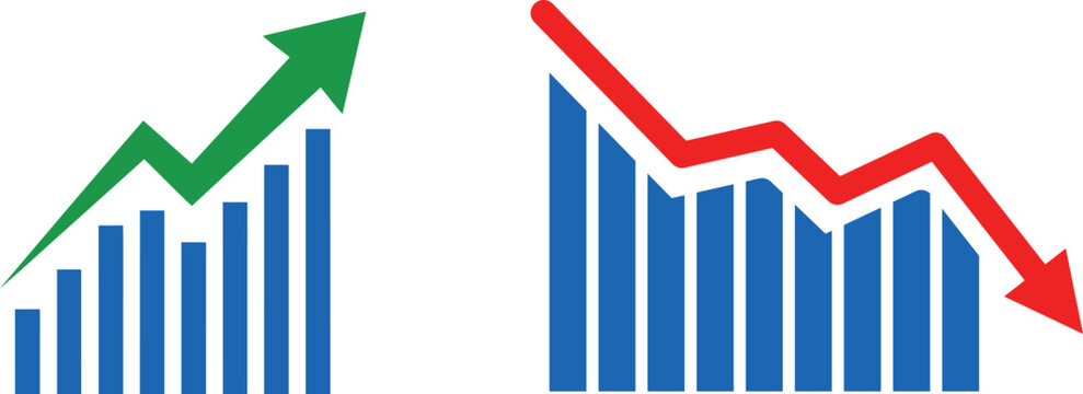 Graph of Growth and Decline: Two stylized bar charts display contrasting market trends, one showing a significant upward trajectory in green and the other a sharp downward spiral in red.