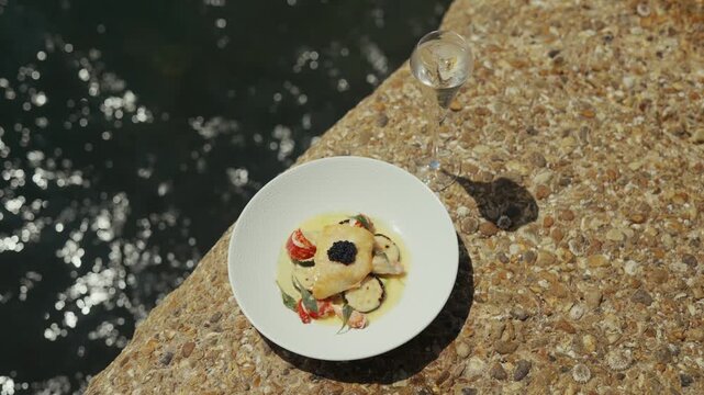 Gourmet pasta dish with caviar presented on a plate near water