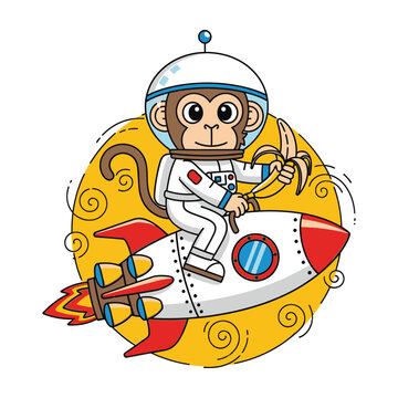 Monkey astronaut riding rocket ship in space