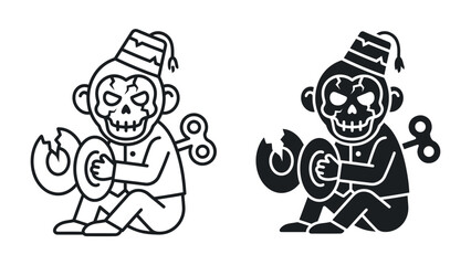 Creepy Cymbal Monkey Toy: A vintage-inspired wind-up cymbal monkey toy, depicted with a skeletal face and wearing a fez, ready to clash its cymbals, presented in both outline and silhouette. © abidakhatun