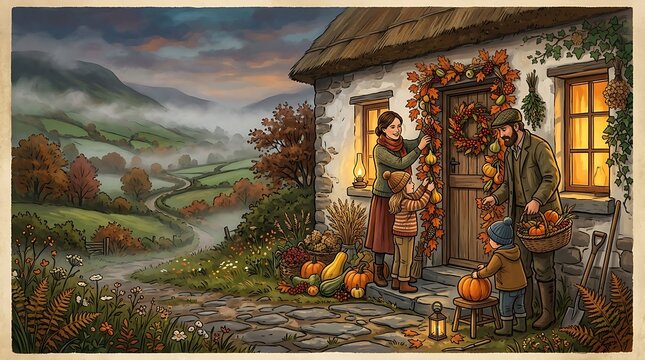 Happy family decorating their rustic cottage with pumpkins for fall