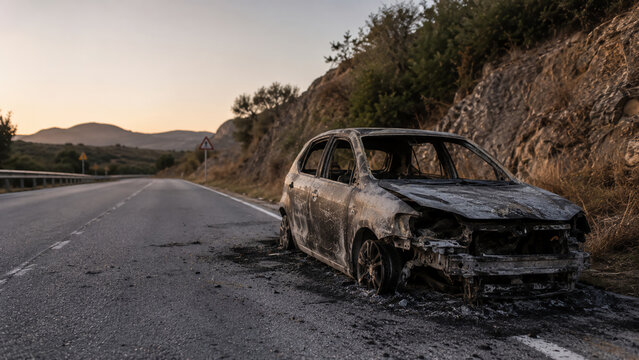 A burnt-out car sits abandoned on the side of a deserted road surrounded by rocky terrain and hills at dusk.