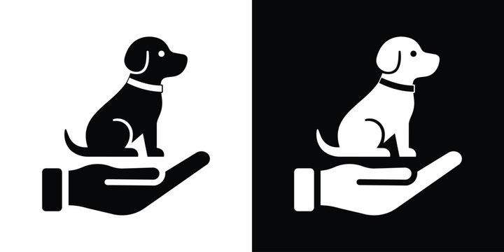 Minimalist black and white vector symbol of a human hand gently holding a sitting dog, representing pet care or adoption.