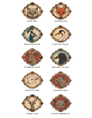 Fototapeta premium Oval Cameo Character Portraits Flat Vector Illustration Vintage Aesop Fable Stamps and Badges Set with Wise Owl Cunning Fox Proud Peacock and Noble Stag Isolated Collection for Marketing Packaging and