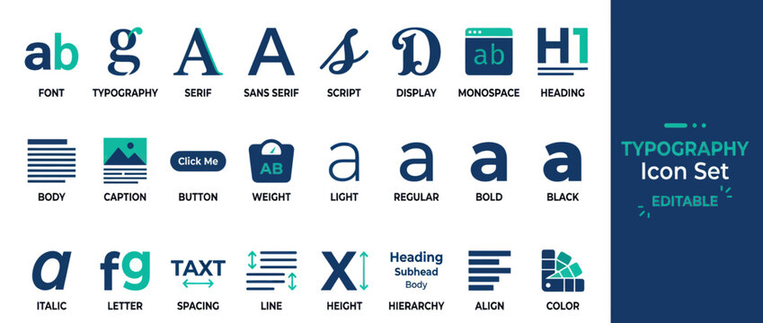Typography Icon Set: Font, Design Elements, Text Styles, and Layout Tools