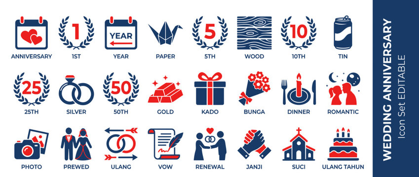 Wedding Anniversary Icons Set: Love, Marriage Milestones, Gifts, Rings, Cake, Calendar