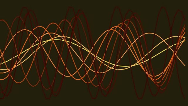 Abstract digital background featuring multiple overlapping glowing sine waves in warm orange and gold tones.