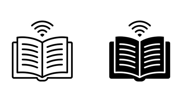Digital Book Icon: Two stylized icons of an open book with a wireless signal emanating from it, representing e-books or online learning.