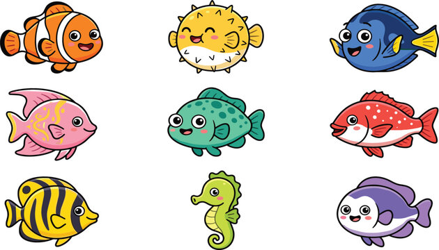 Cute kawaii tropical sea fish vector icon set featuring smiling clownfish pufferfish seahorse tang and colorful ocean characters.
