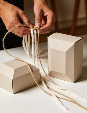 Hands tying string around simple white gift boxes