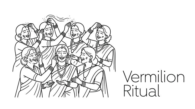 Group of Indian women performing traditional vermilion ritual ceremony.