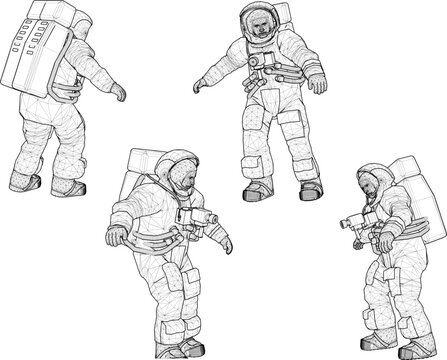 Collection of low-polygon 3D astronaut character poses, featuring a detailed white space suit with red safety stripes and advanced technology, ideal for futuristic game development and cosmic-themed d