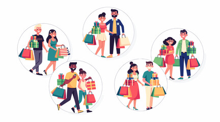 Fototapeta premium Happy diverse couples shopping with gift bags, flat design, vector, retail sale