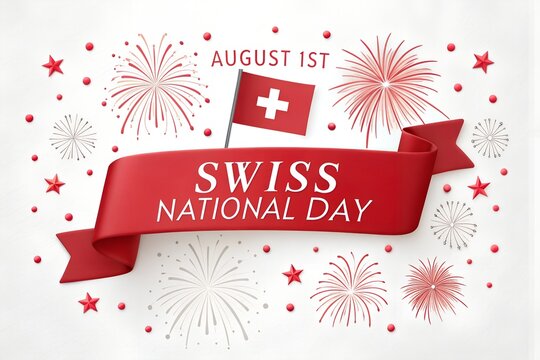 Swiss National Day Celebration August 1: Mountains, Flag, Alphorn, Goat, Edelweiss Illustration, Swiss National Day Celebration 1 August Typography
