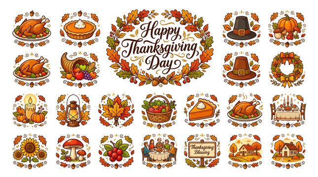Happy Thanksgiving Day Icons: Turkey, Pie, Cornucopia, Pumpkins & Autumn Elements