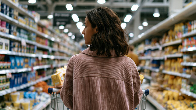 Shopping woman pushing a cart through a supermarket aisle while choosing groceries, highlighting everyday shopping, food selection, consumer lifestyle and retail experience