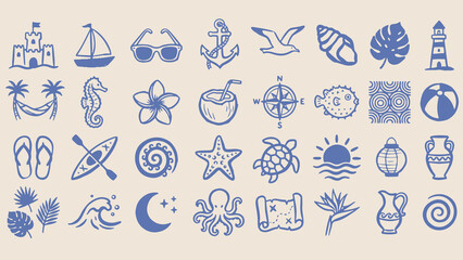 Nautical beach icons with summer motifs including sandcastle sailboat anchor seashell seahorse turtle and tropical elements arranged on a beige background © Abdul Waheed