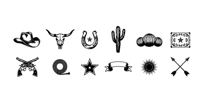 Western-Themed Vector Illustrations Featuring Cowboy Hat, Bull Skull, Horseshoe, Cactus, Chili Peppers, Bandana, Pistols, Lasso, S