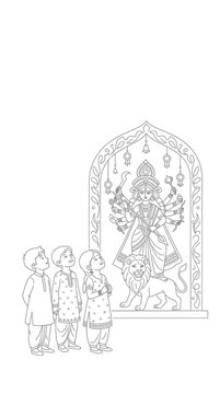 Children observing a traditional Hindu goddess idol in a decorative shrine.