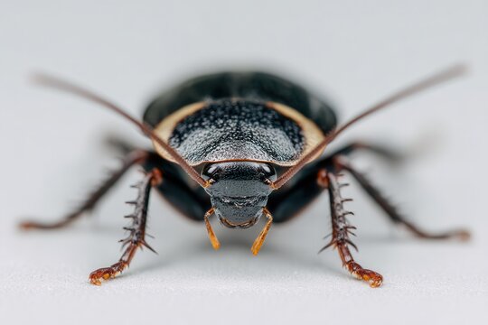 Close-up of a beetle on a white surface, macro shot, detailed view of insect anatomy, studio lighting, perfect for wildlife photography