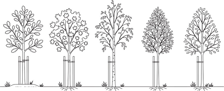 Collection of five different young trees with stakes and protection, hand-drawn illustration Vector